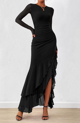 BTFBM Women's Maxi Dresses Fall 2026 Long Sleeve Wedding Guest Dress - color: Black, size: Large