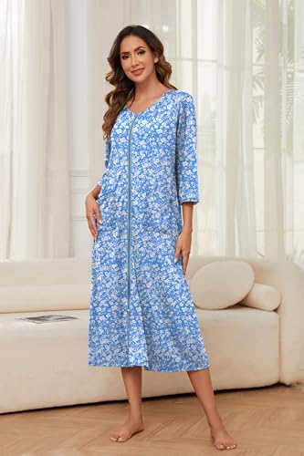 Bloggerlove Women's Zipper Robe with Pockets, Long Housecoat for Women - color: Blue Flower, size: Medium