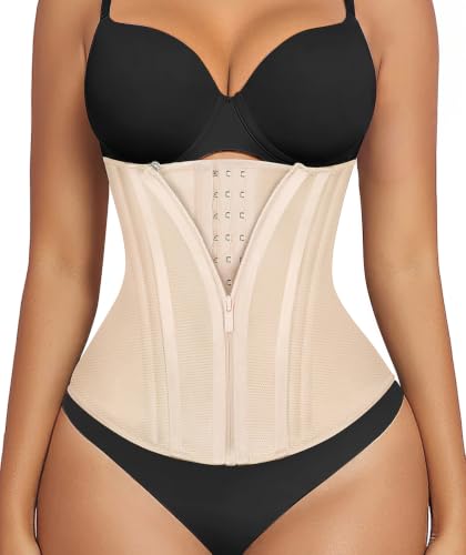 SHAPERX Waist Trainer for Women Corset Shapewear Tummy Control Sport Workout Waist Cincher Body Shaper Zipper and Hooks - color: Beige, size: Large