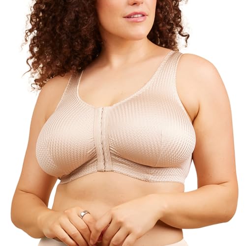Leading Lady, Marlene, Front-Closure Bra for Women, Wireless, Full Coverage, Wide Straps, Breathable, Unlined, Silky, 36B-52G - color: Beige, size: 52B/D