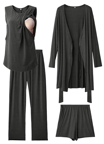 Rnxrbb 4 PCS Hospital&Home Nursing Pajamas Robe Set Maternity Postpartum Pj - color: Deep Gray, size: Medium