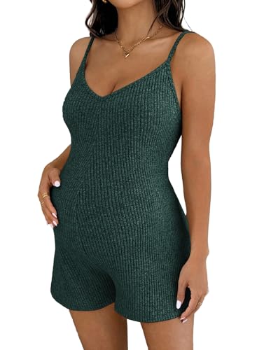 BLENCOT Maternity Ribbed Stretchy Romper V Neck One Piece Shorts Jumpsuits - color: Dark Green, size: Small