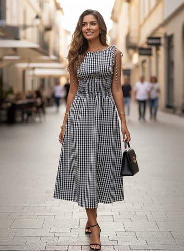 Acelitt Womens Gingham Dress Flowy Maxi Beach Sun Dresses - color: Racing Red, size: XX-Large