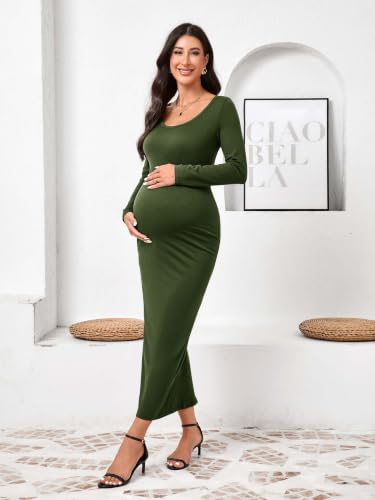Yousify Womens Maternity Maxi Dress Long Sleeve Slim Fit Pregnancy Clothes - color: Army Green, size: Medium