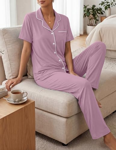 Womens Pajamas Sets 2 Piece Button Up Pj Sets Short Sleeve with Long Pant - color: Bean Pastes, size: X-Small