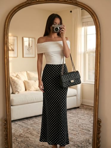BLENCOT Womens High Waisted Long Mesh Polka Dot Maxi Skirt - color: Black, size: Medium
