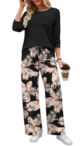 WIHOLL Lounge Sets for Women 2 Piece Fall Outfits 2026 Fashion S-2XL - color: Black Leaf, size: Medium