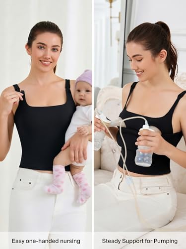 Ecavus Women's Nursing Bras for Breastfeeding Tank Tops with Built in Bra - color: Black, size: Medium