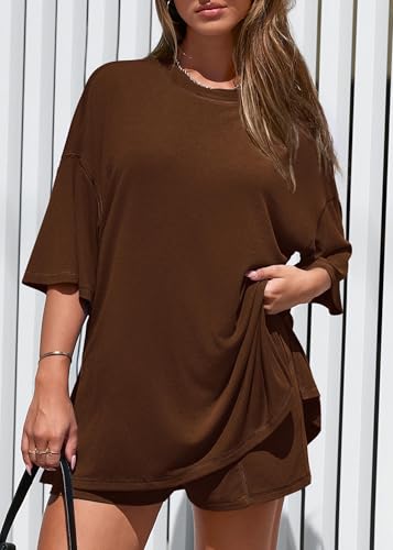 KIRUNDO 2 Piece Sets for Women Summer Lounge Sets Casual - color: Light Coffee, size: Small