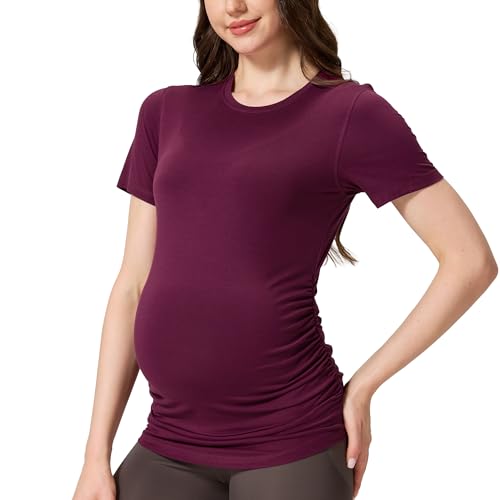 netdraw Buttery Soft Bamboo Viscose Maternity T Shirt, Pregnancy Short Sleeve Side Ruched Casual Tops - color: Claret, size: Large