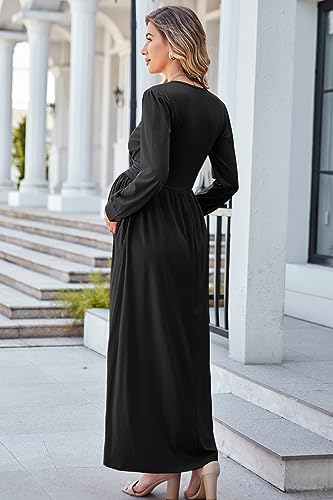 OUGES Women's Wrap Pregnancy Maxi V Neck Fall Baby Shower Maternity Dress - color: Black, size: Medium