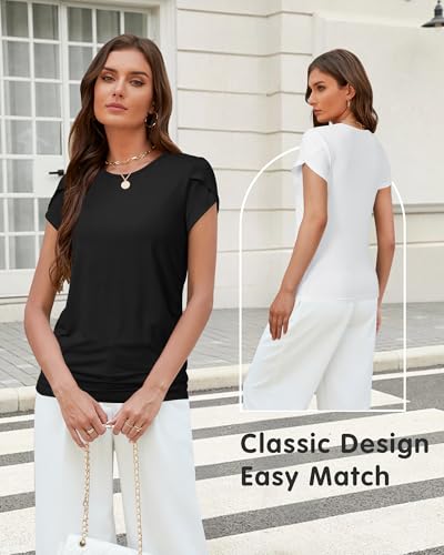 OUGES 3 Pack Women's Maternity Shirts/Tops Crew Neck Short Petal Sleeve Casual Fashion Tee Side Ruched Pregnancy Clothes - color: White, Black, Camel, size: XX-Large