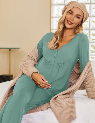 Ekouaer Maternity Nursing Pajama Set Long Sleeve Postpartum Pjs Mom Clothes - color: Aqua, size: Medium