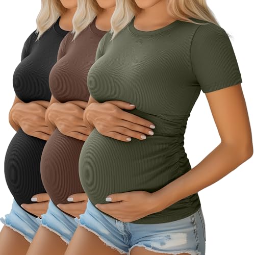 Ficerd 3 Pack Women's Short Sleeve Maternity Shirts - color: Black, Coffee, Light Army Green, size: X-Large