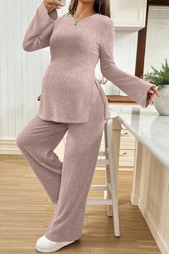 BLENCOT Maternity 2 Piece Outfits Ribbed Knit Long Sleeve Sets - color: Pink, size: Medium