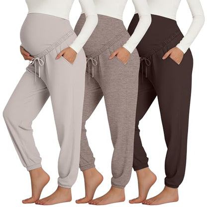 3 Pack Womens Maternity Pants Pregnancy Lounge Jogger - color: Gray Apricot, Light Coffee, Brown, size: Small