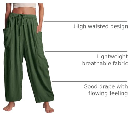 Flygo Women's Flowy Drawstring Wide Leg Pants with Side Pockets - color: Army Green, size: X-Large