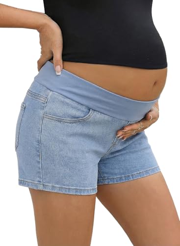 BLENCOT Maternity Jean Shorts Denim Pregnancy Classic Pockets Pregnancy - color: Beau Blue, size: X-Large