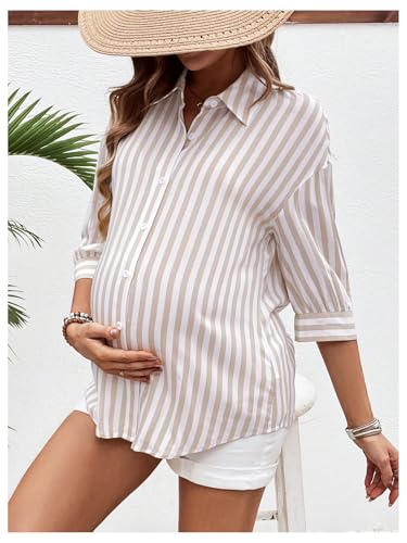 MakeMeChic Women's Maternity Shirts Blouses Striped Button Down 3/4 Sleeve Pregnancy Nursing Top - size: XX-Large