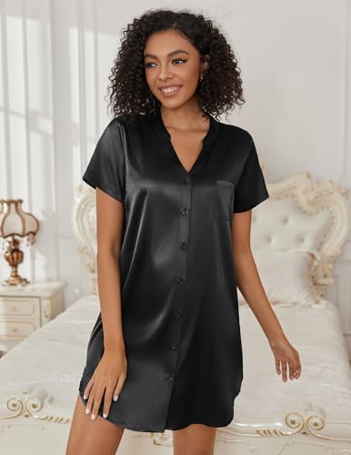 Ekouaer Women's Satin Nightshirt Button Down Sleepshirt Silk Nightgown - color: Black, size: X-Large