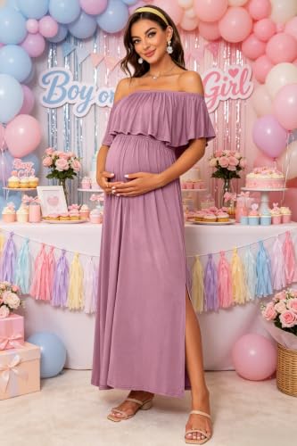 Off Shoulder Ruffle Sleeve Maternity Maxi Dress Side Slit - color: Mauve, size: Large