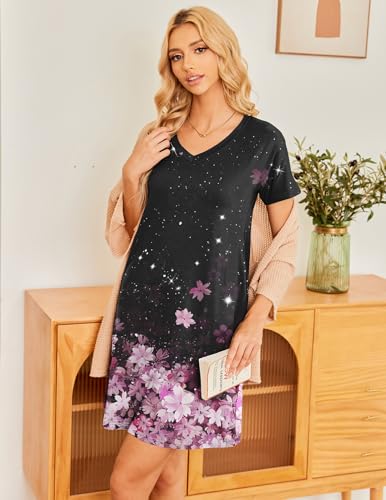 Ekouaer Womens 2 Pack Nightgown with Pockets Short Sleeve Night Shirts - color: Black and Flower, size: Large