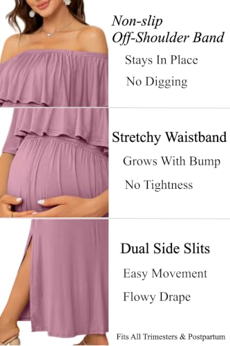 Off Shoulder Ruffle Sleeve Maternity Maxi Dress Side Slit - color: Mauve, size: X-Large