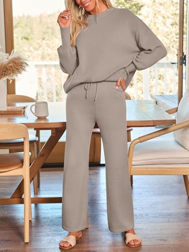 LILLUSORY Women 2 Piece Matching Lounge Sweater Sets 2026 Fall Outfit - color: Light Tan, size: Large