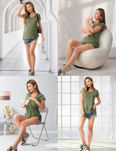 SUNNYBUY 3 Pack Maternity Nursing Tops for Postpartum Breastfeeding Shirts - color: Black+camel+army Green, size: Small