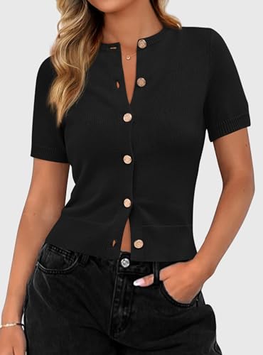 PRETTYGARDEN Womens Summer Cardigan Short Sleeve Sweater - color: Black, size: Medium