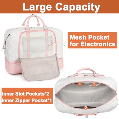 TIBES Travel Weekender Bag for Women, Overnight Bag with Shoe Compartment - color: Pink White 3pcs