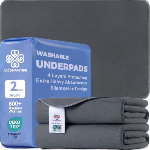 Accompagner Incontinence Bed Pads Washable Waterproof Underpads 36"x54" 2pc - color: Dark Gray, size: 36"x54" (2 Pack)