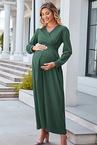 OUGES Women's Wrap Pregnancy Maxi V Neck Fall Baby Shower Maternity Dress - color: Dark Green, size: Small