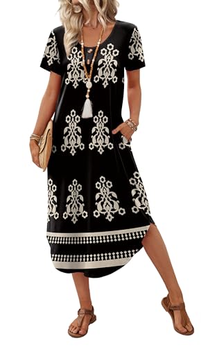 OFEEFAN Summer Dresses for Women 2026 Casual Midi Dresses Beach Vacation Outfits Tshirt Dress with Pockets Resort Wear - color: Black Print, size: XX-Large