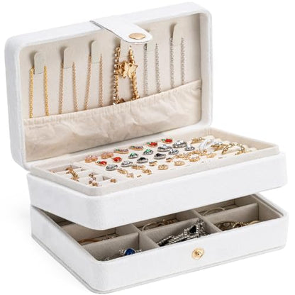 Travel Jewelry Case, 2-Layer Large Jewelry Organizer Box, White, Velvet - color: White, size: Large-2 Layer