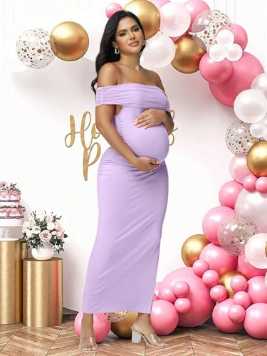 Women's Maternity Mesh Off Shoulder Party Long Dress Baby Shower - color: Violet, size: X-Large