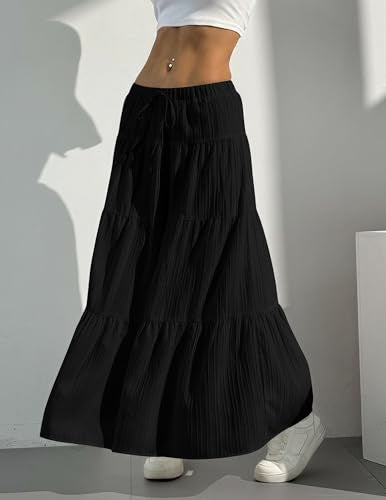 DERAX Womens Maxi Skirt Boho Flowy Ruffle Elastic Waist Long Skirts - color: Black, size: Large
