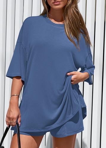KIRUNDO 2 Piece Sets for Women Summer Lounge Sets Casual - color: Blue, size: Large