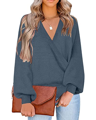 LookbookStore Women's Knit Long Sleeve Faux Wrap Surplice V Neck Sweater Top - color: Moonlight Blue, size: X-Large