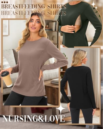 Neer 3 Pack Women's Nursing Hidden Zipper Long Sleeve Shirts - color: Coffee, Army Green, Black, size: Medium
