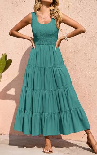 PRETTYGARDEN Women's Smocked Tank Casual Plain Maxi Sundress with Pockets - color: Bean Green, size: X-Large