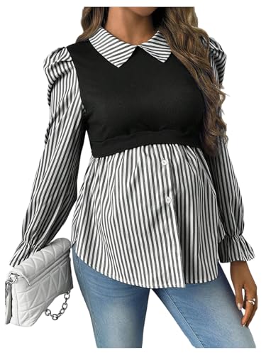 WDIRARA Women's Maternity Striped Button Down Shirts Long Sleeve Collared Blouse 2 in 1 Nursing Top - color: Black, size: Medium