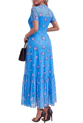 BTFBM Womens Mesh Ruffle Boho Cocktail Dresses - color: Floral Light Blue Purple, size: Small