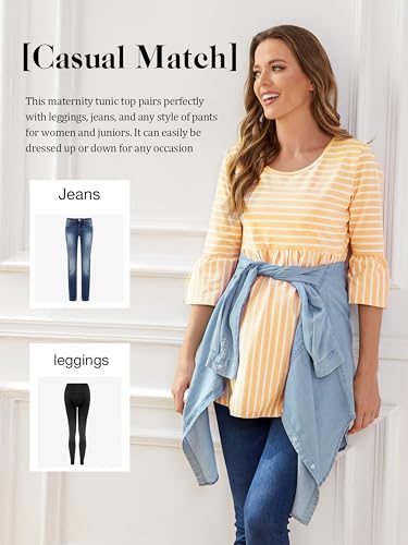 Ecavus Women's Maternity Shirt Striped Peplum 3/4 Sleeve Maternity Top - color: 05-yellow White Stripe, size: Medium