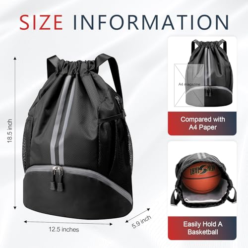 PinCute Gym Bag Drawstring Backpack for Sports, Swim, Workout, Black - color: Black