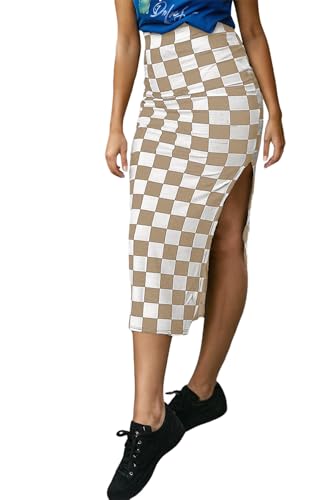 EARKOHA Womens Checkered Slit Midi Skirt Summer Fall Bodycon Long Skirts - color: Khaki, size: Medium