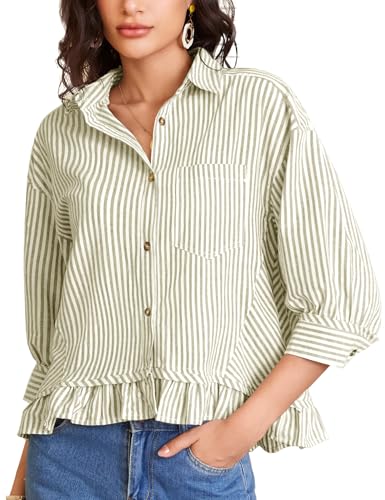 Flygo Womens Striped Button Down Shirts Cropped 3/4 Sleeve Ruffled Blouses - color: Olive, size: X-Large