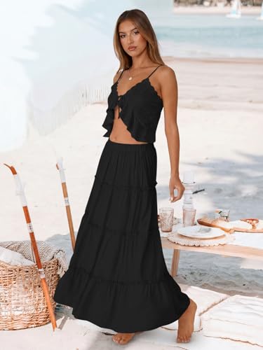 Trendy Queen Maxi Skirts for Women Boho Skirt with Pockets Summer Outfits - color: Black, size: X-Large