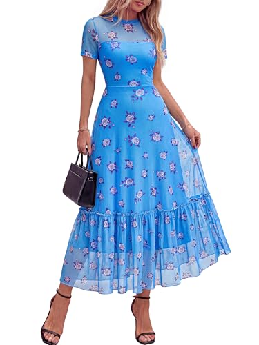 BTFBM Womens Mesh Ruffle Boho Cocktail Dresses - color: Floral Light Blue Purple, size: Small