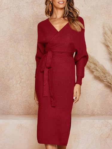 Womens Maxi Sweater Dress Long Sleeve Batwing Wrap V Neck Fall Dresses - color: 1-burgundy, size: Small